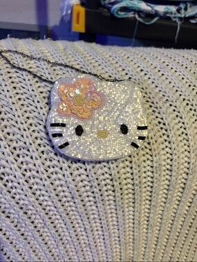 Hello Kitty White Sequin Coin purse Bag with Pink Flower Accent